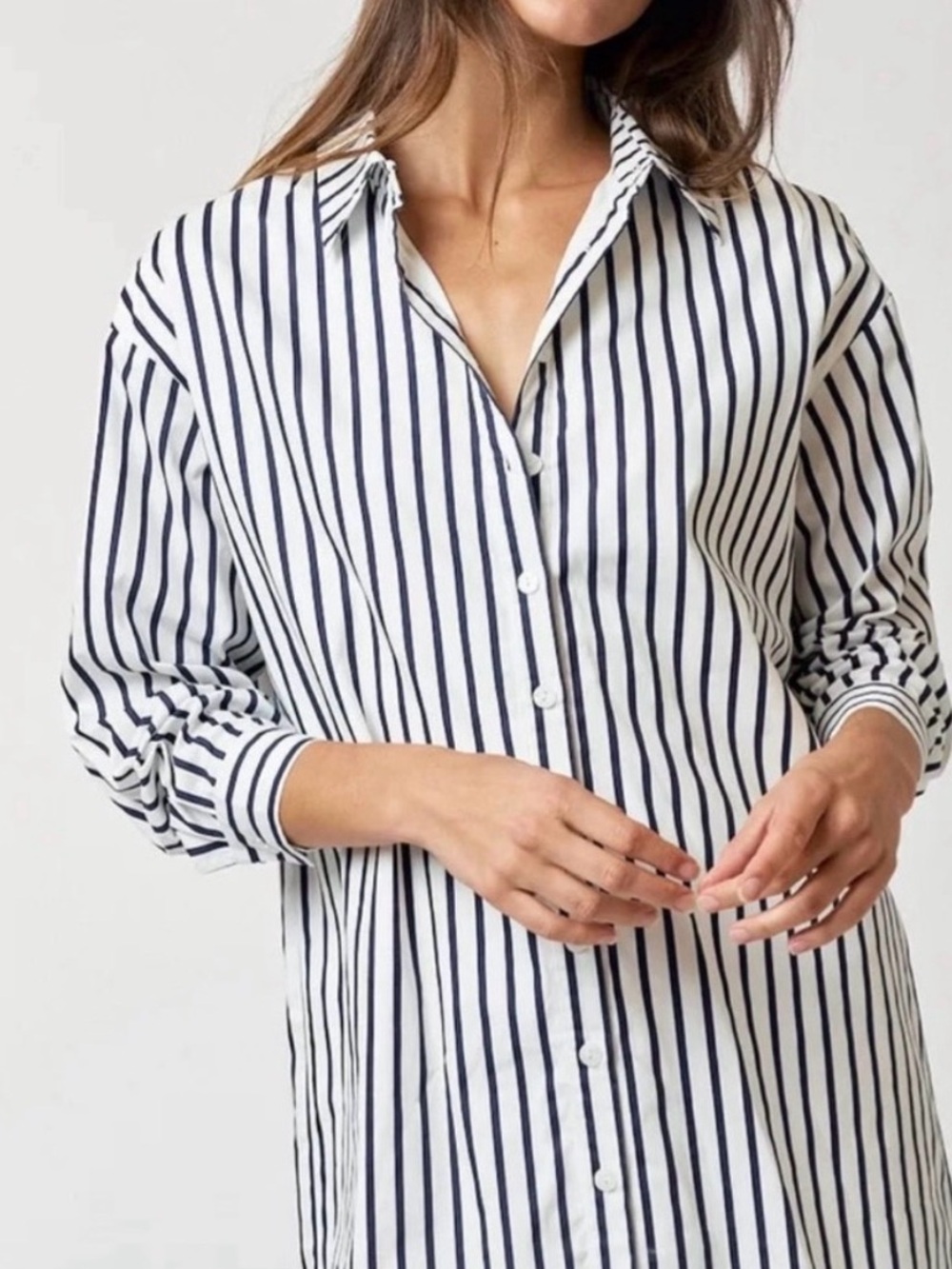 NWOT Lalavon Striped Button‑Front Men's Shirt - Navy & White